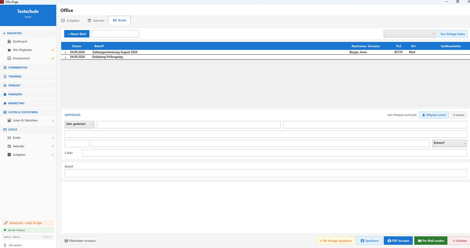Office-Bereich mit Briefen und Kalender in SifuOrga